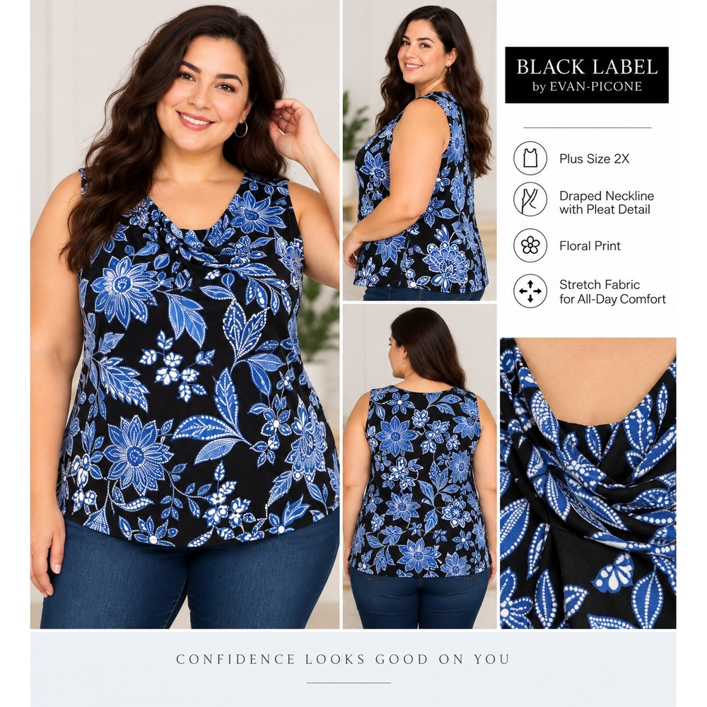 Black Label by Evan-Picone Blouse Womens 2X Blue Black Floral Cowl Neck Tank